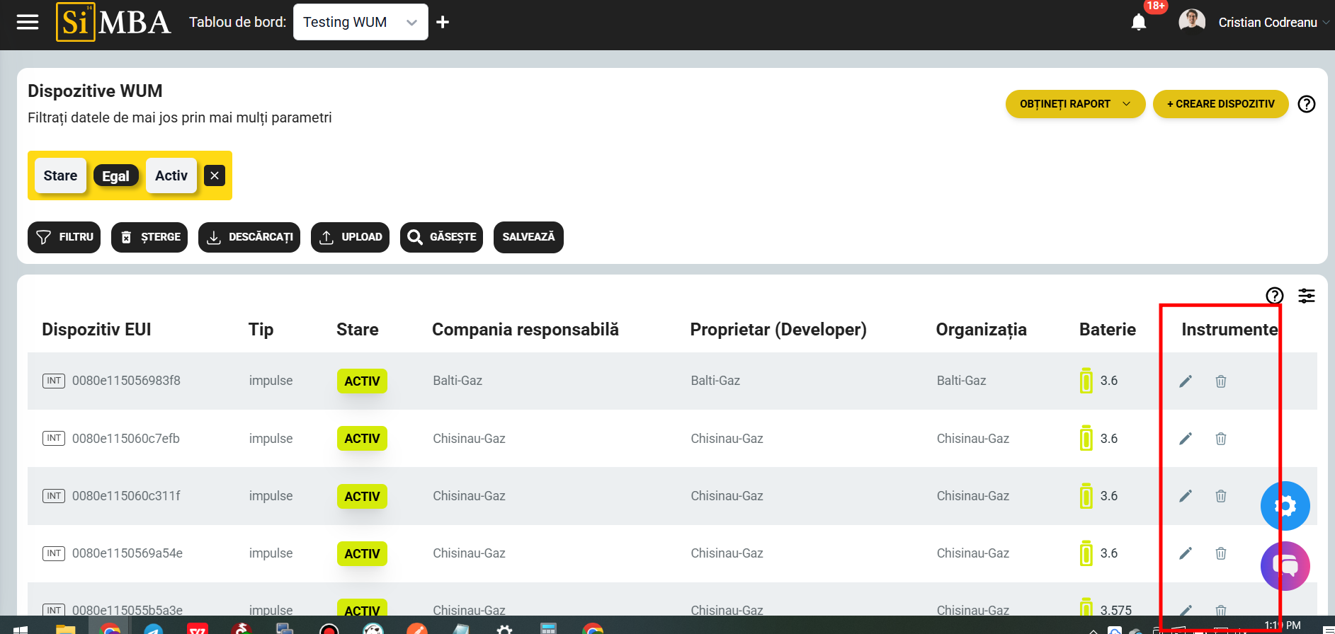 Instrumente dispozitiv